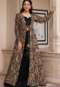 Digital Printed Georgette Crop Top Set in Black