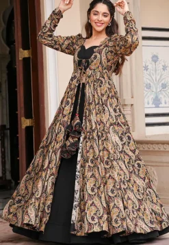 Digital Printed Georgette Crop Top Set in Black