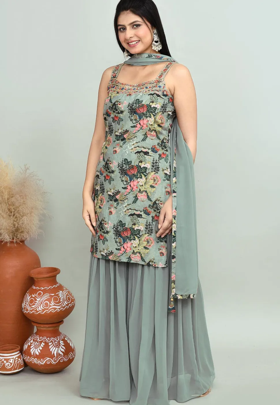 Digital Printed Georgette Pakistani Suit in Dusty Green