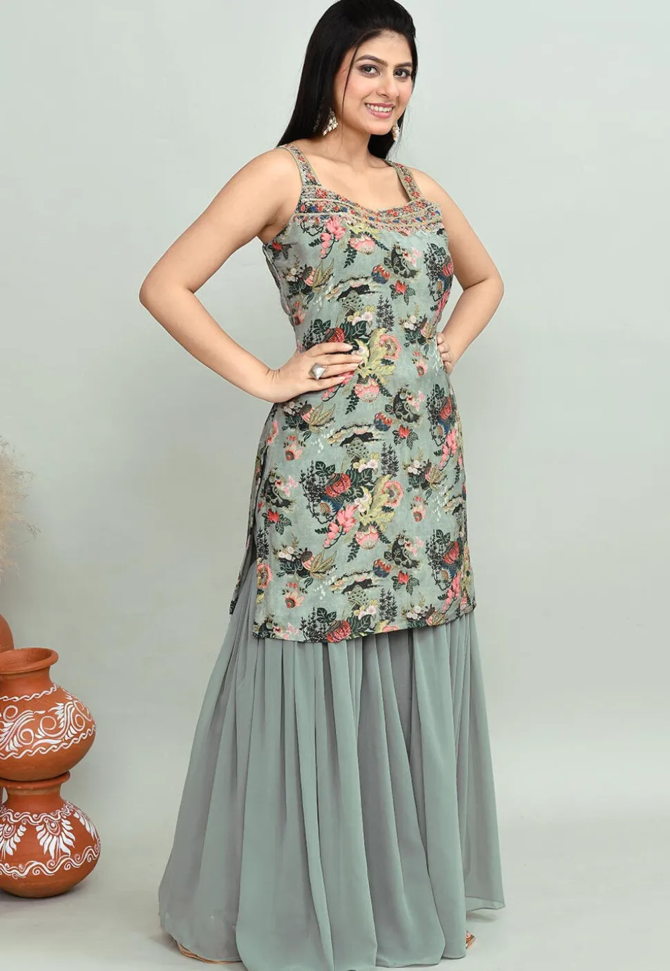 Digital Printed Georgette Pakistani Suit in Dusty Green