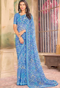 Digital Printed Georgette Saree in Blue