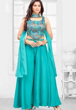 Digital Printed Georgette Crop Top Set in Turquoise