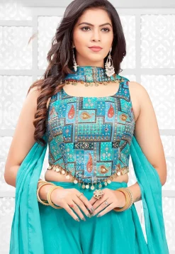 Digital Printed Georgette Crop Top Set in Turquoise