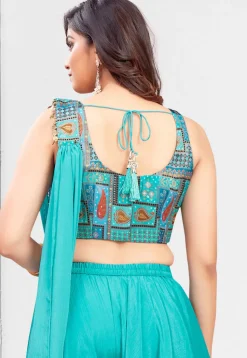 Digital Printed Georgette Crop Top Set in Turquoise