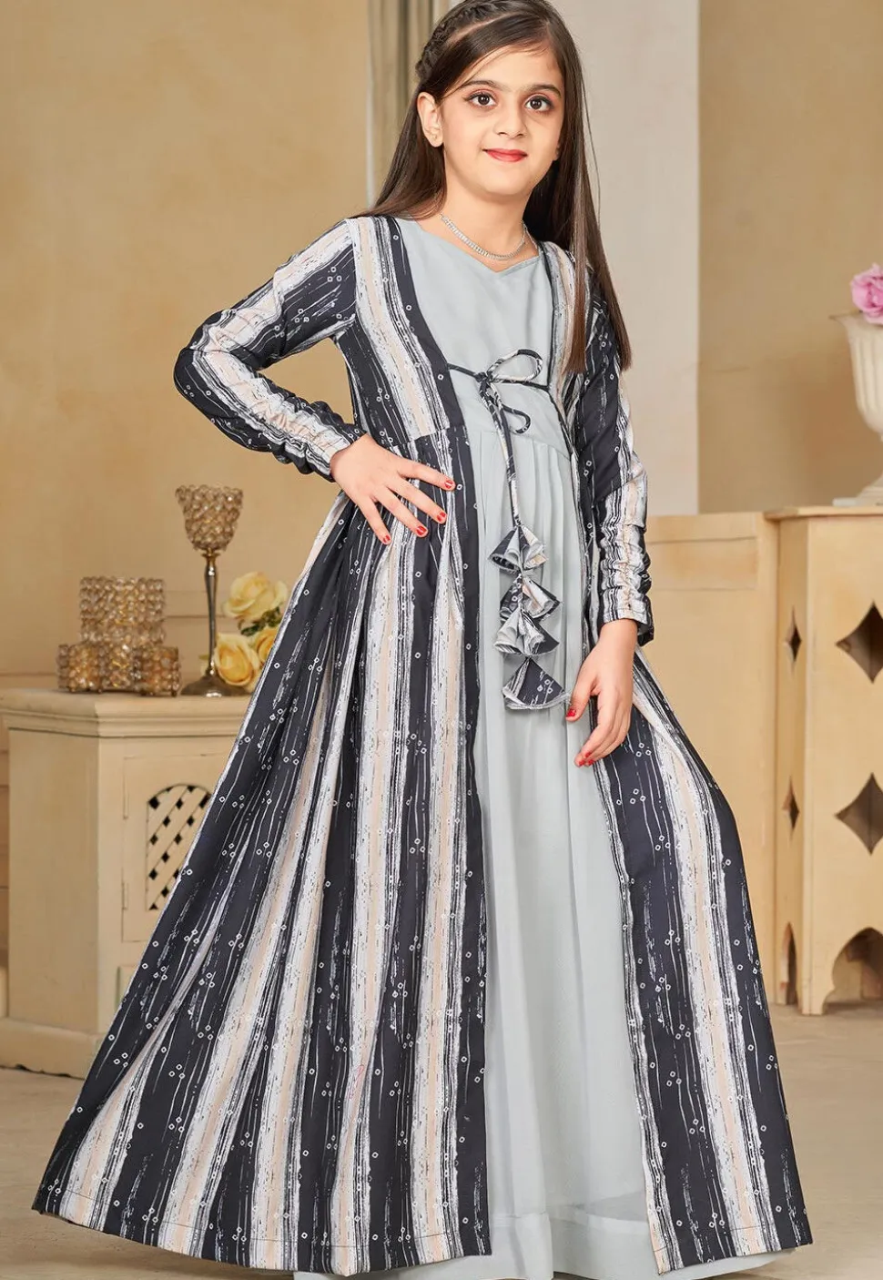 Digital Printed Georgette Gown in Grey