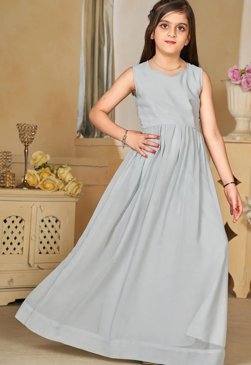 Digital Printed Georgette Gown in Grey
