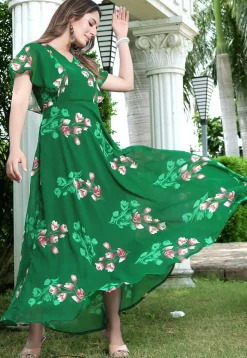 Digital Printed Georgette Maxi Dress in Green