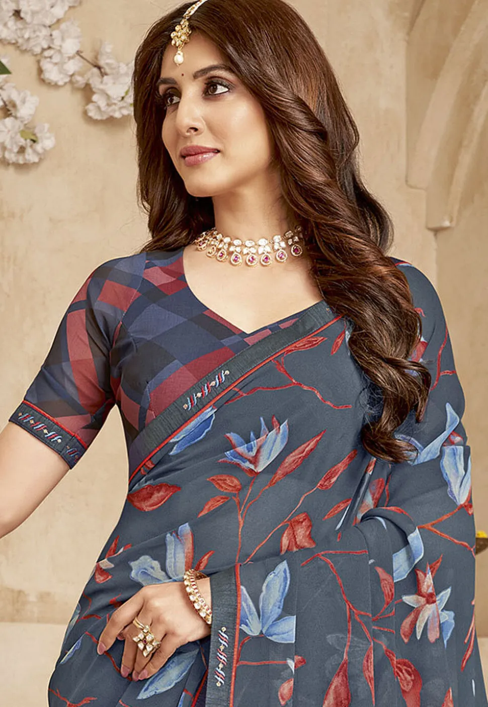 Digital Printed Georgette Saree in Grey
