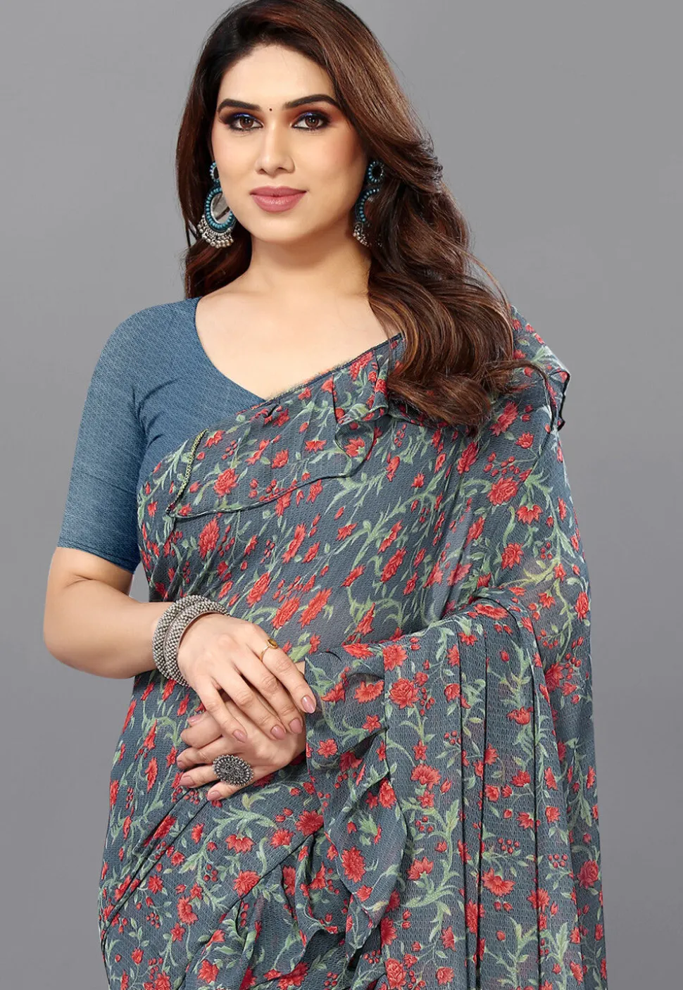 Digital Printed Georgette Saree in Grey