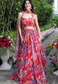 Digital Printed Georgette Lehenga in Red