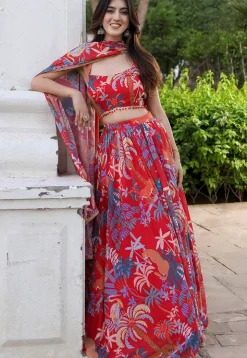 Digital Printed Georgette Lehenga in Red