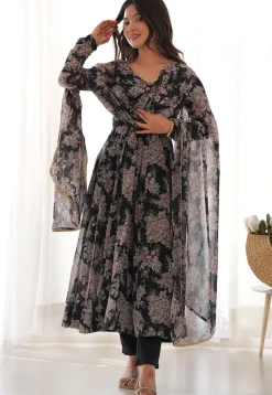 Digital Printed Georgette A Line Suit in Black