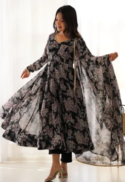 Digital Printed Georgette A Line Suit in Black