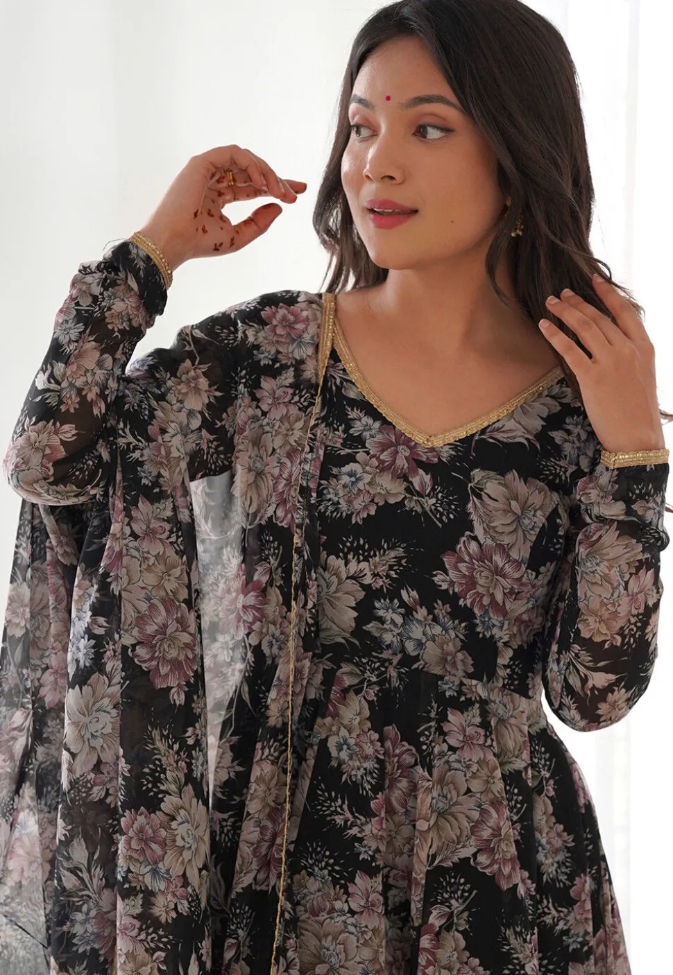 Digital Printed Georgette A Line Suit in Black