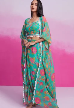 Digital Printed Georgette Co Ord Set in Teal Green