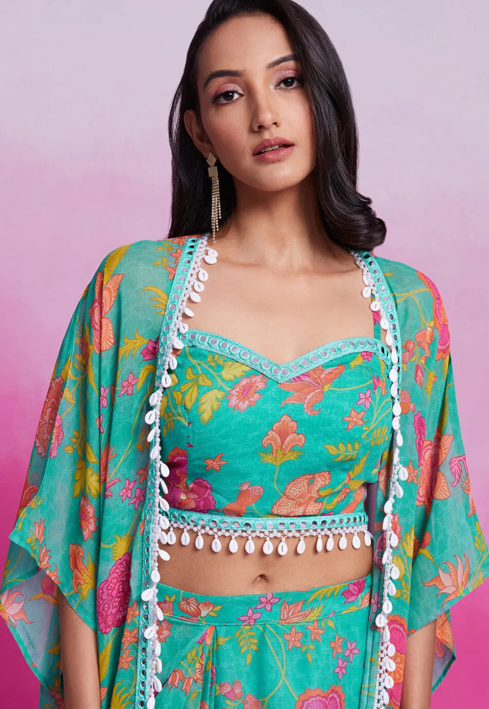 Digital Printed Georgette Co Ord Set in Teal Green