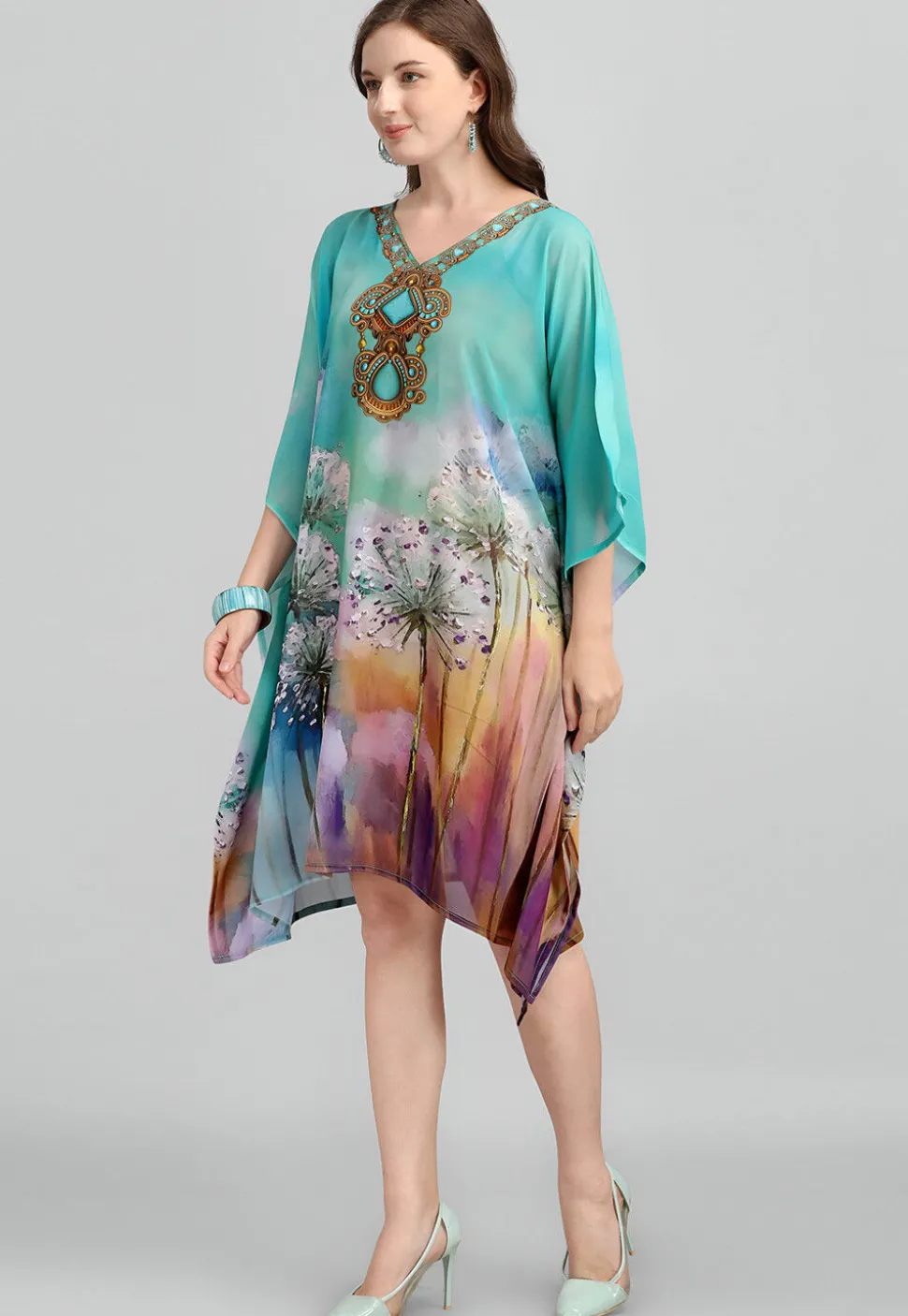 Digital Printed Georgette Kaftan in Blue and Multicolor