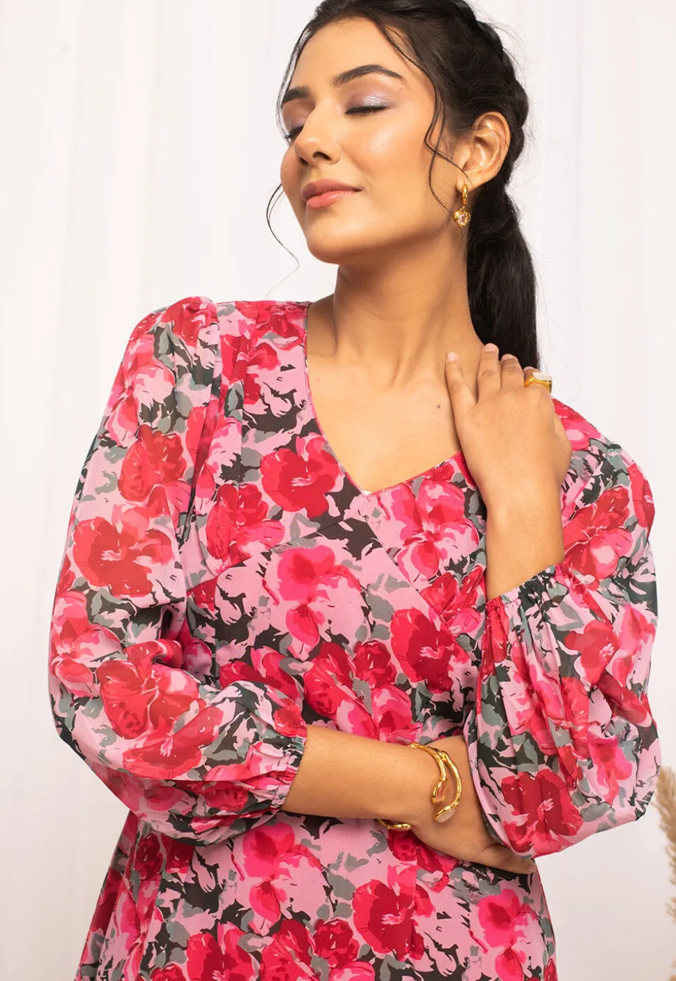 Digital Printed Georgette Short Dress in Pink