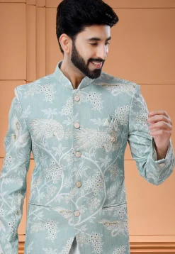 Digital Printed Handloom Cotton Jodhpuri Suit in Light Blue