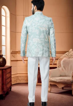 Digital Printed Handloom Cotton Jodhpuri Suit in Light Blue