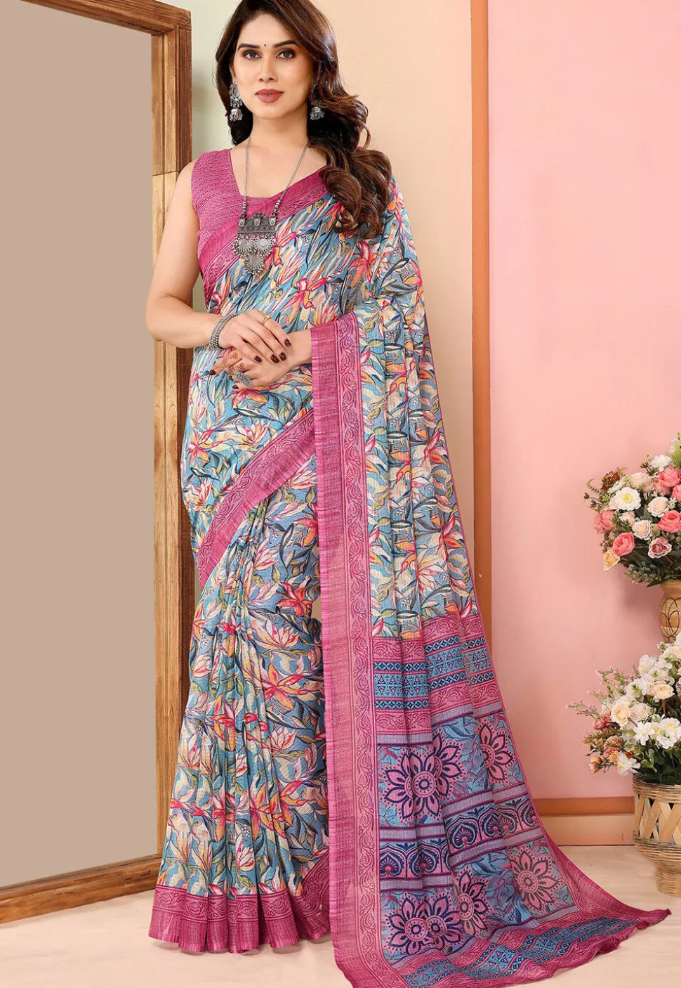 Digital Printed Kota Doriya Saree in Blue