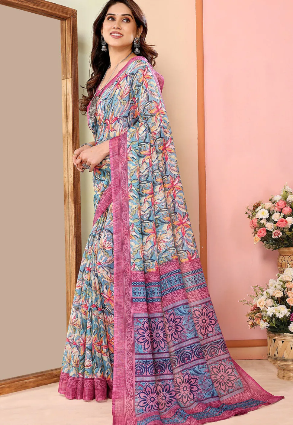 Digital Printed Kota Doriya Saree in Blue