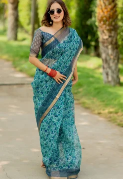Digital Printed Kota Doriya Saree in Teal Green