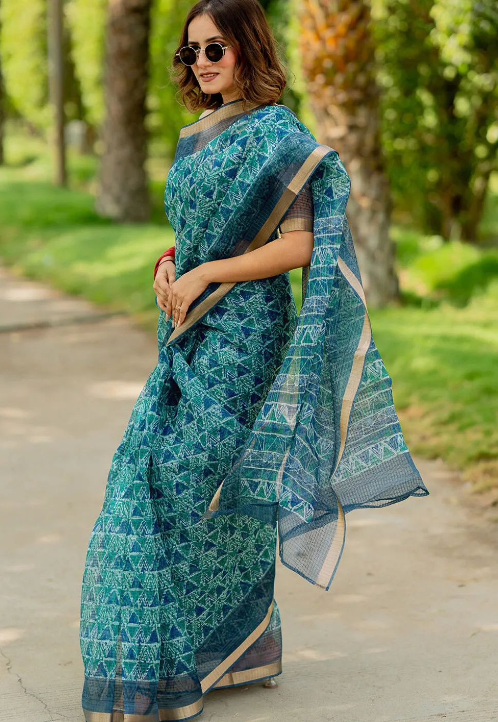 Digital Printed Kota Doriya Saree in Teal Green