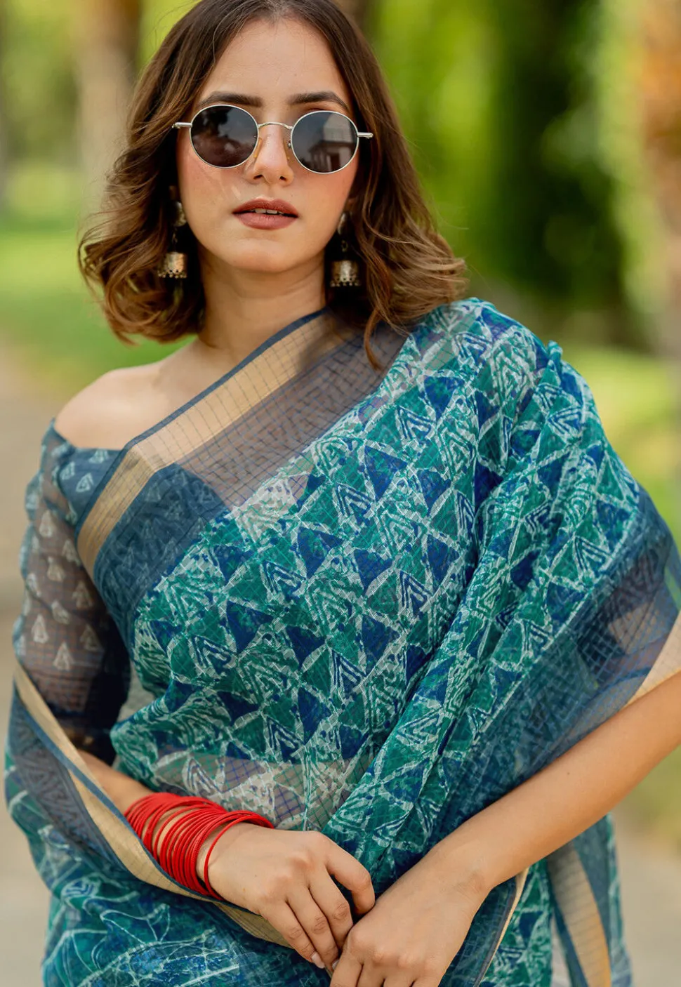 Digital Printed Kota Doriya Saree in Teal Green