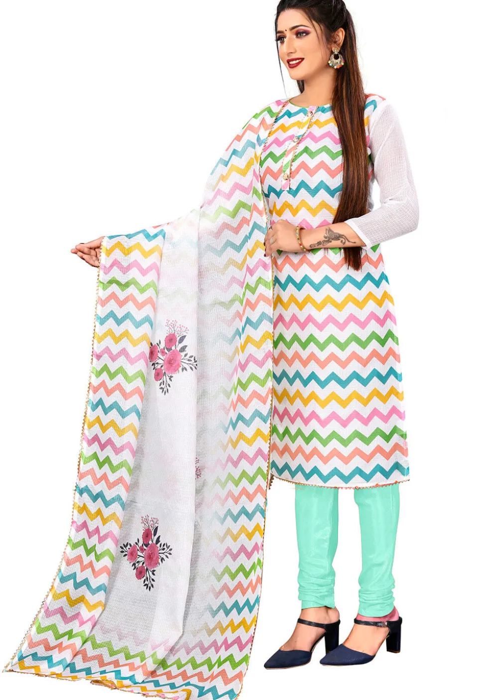 Digital Printed Kota Doria Straight Suit in Off White