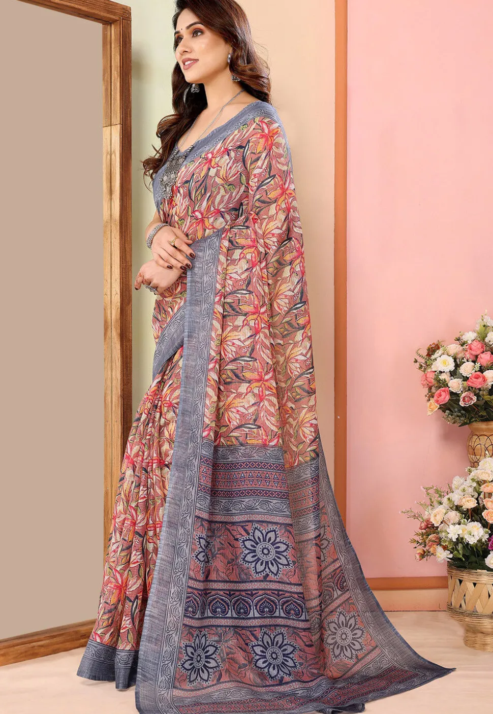Digital Printed Kota Doriya Saree in Pink