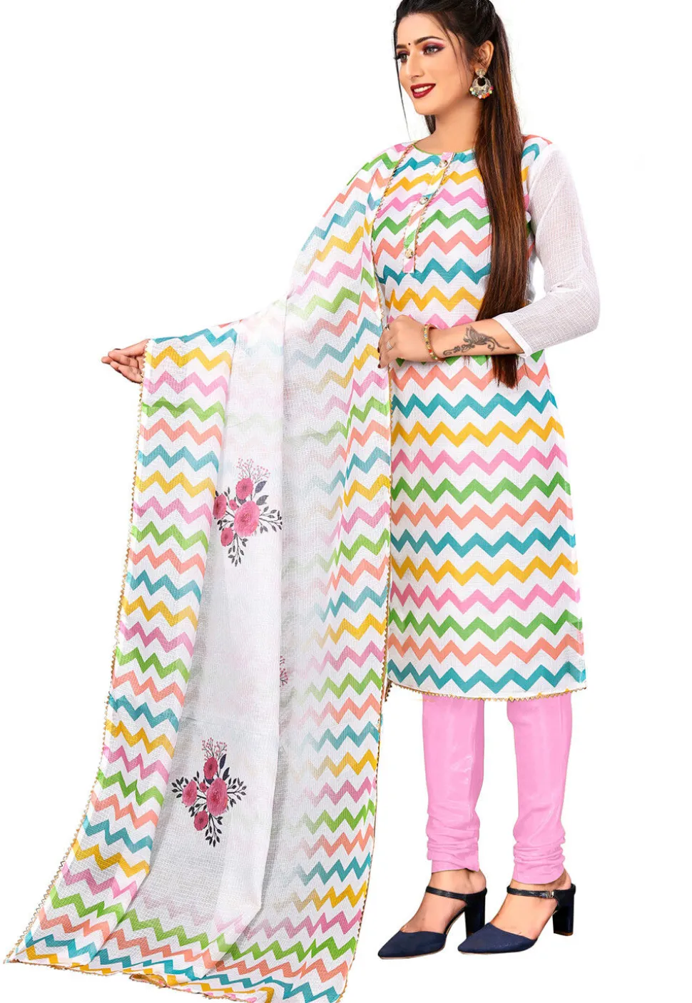 Digital Printed Kota Doria Straight Suit in Off White