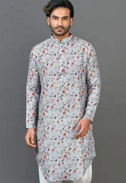 Digital Printed Linen Kurta in Light Grey