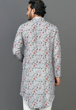 Digital Printed Linen Kurta in Light Grey