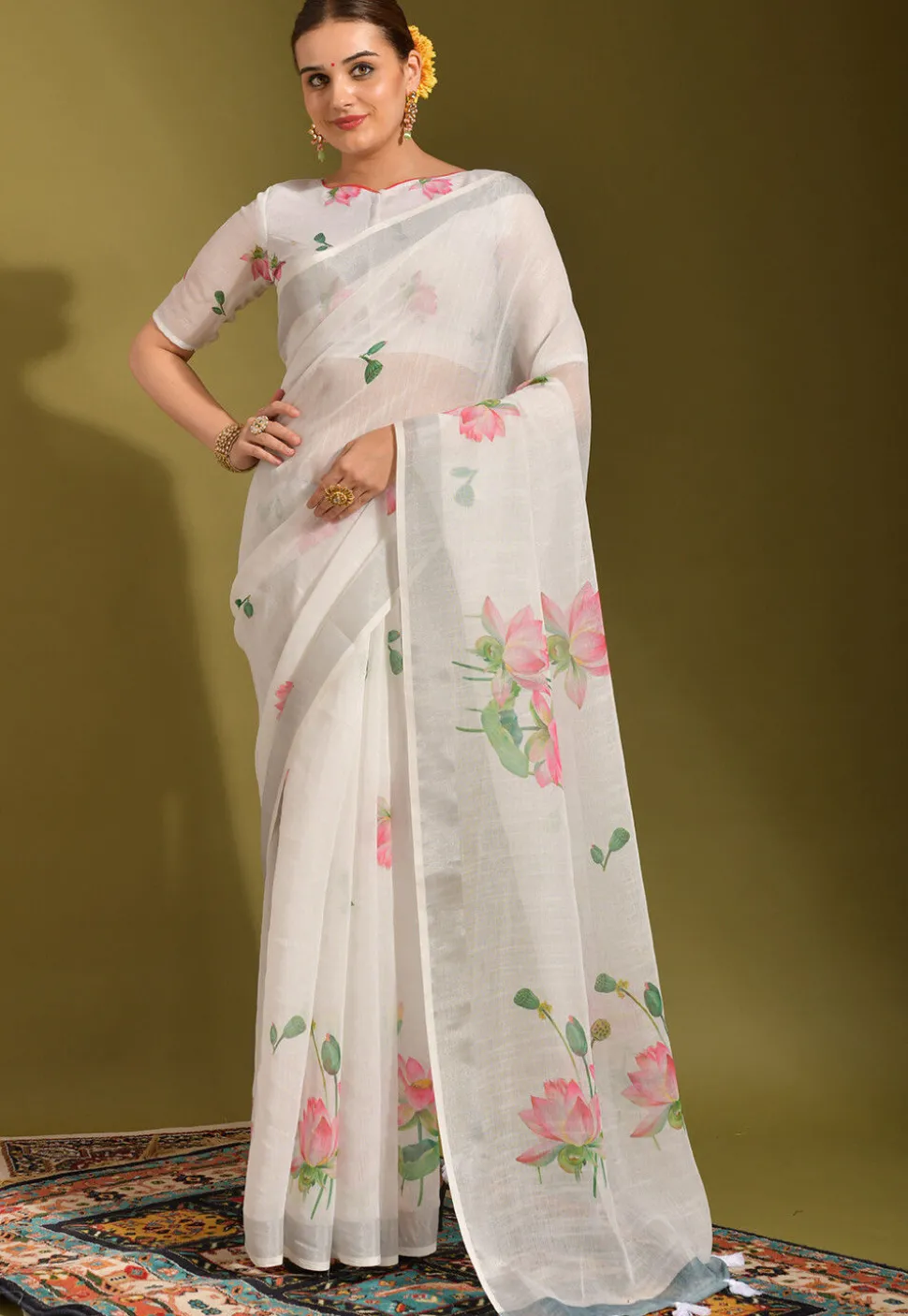 Digital Printed Linen Saree in Off White