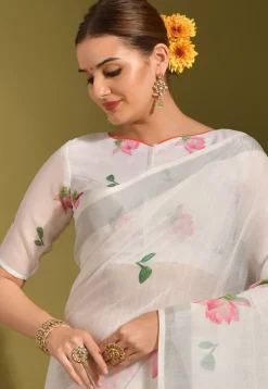 Digital Printed Linen Saree in Off White