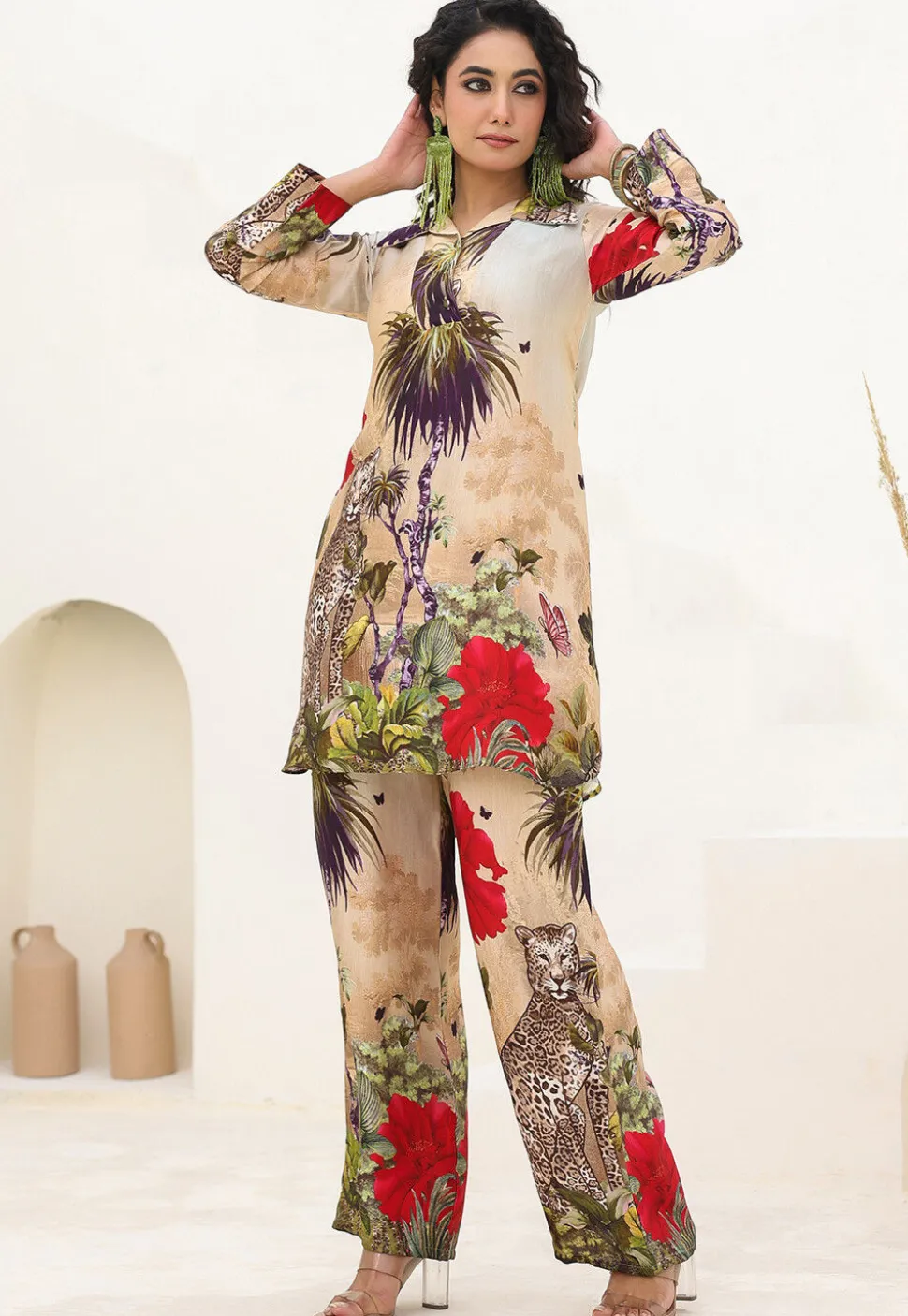 Digital Printed Linen Satin Tunic Set in Beige