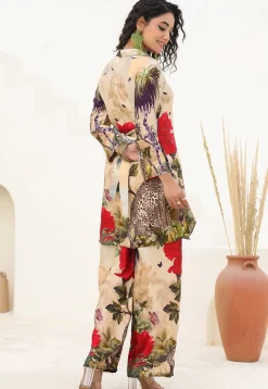 Digital Printed Linen Satin Tunic Set in Beige