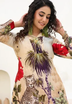 Digital Printed Linen Satin Tunic Set in Beige