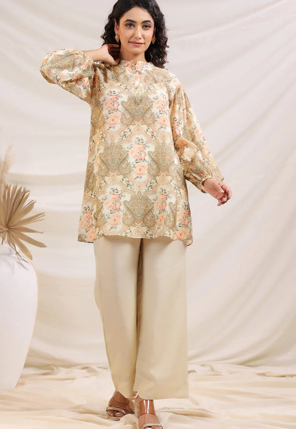Digital Printed Linen Silk Top Set in Off White