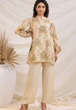 Digital Printed Linen Silk Top Set in Off White