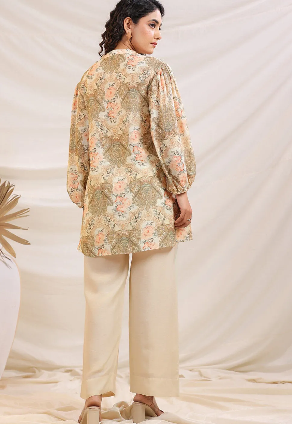 Digital Printed Linen Silk Top Set in Off White