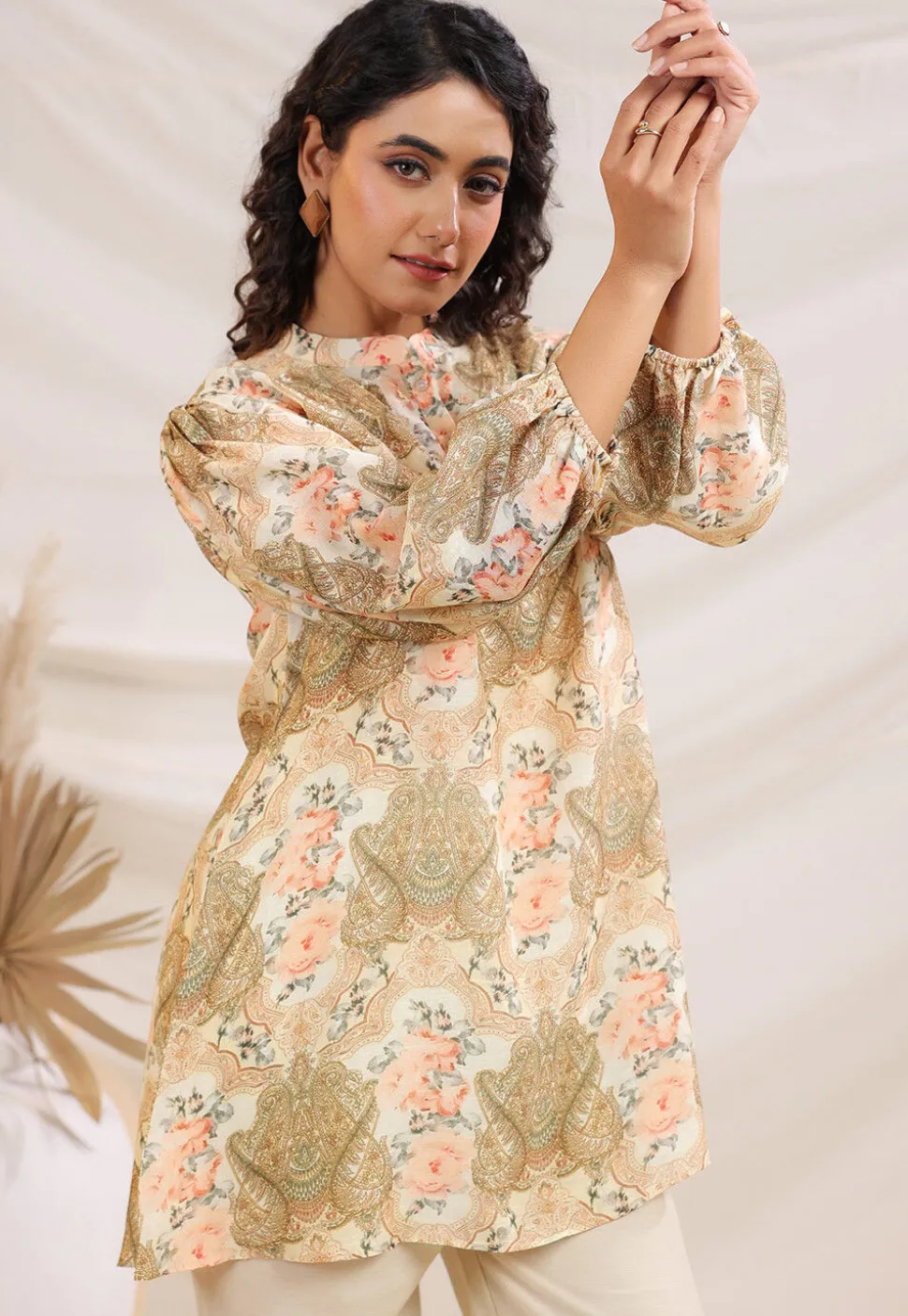 Digital Printed Linen Silk Top Set in Off White