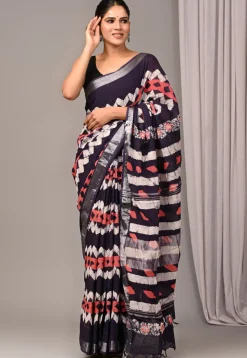 Digital Printed Linen Silk Saree in Dark Blue