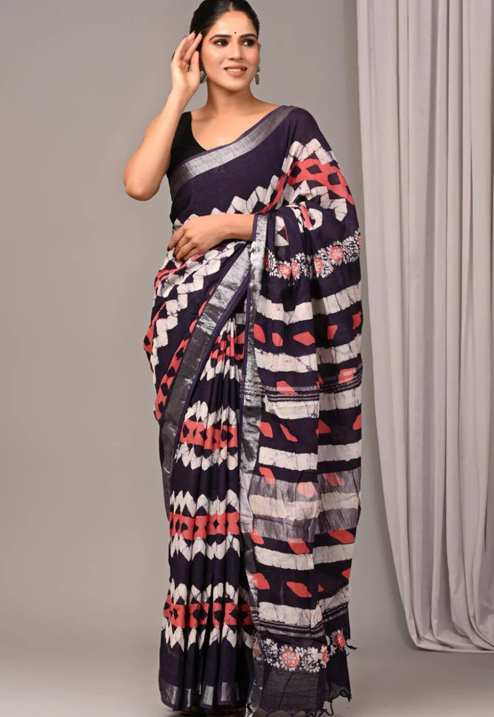 Digital Printed Linen Silk Saree in Dark Blue