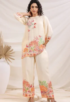 Digital Printed Linen Silk Top Set in Off White