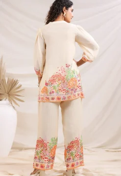 Digital Printed Linen Silk Top Set in Off White