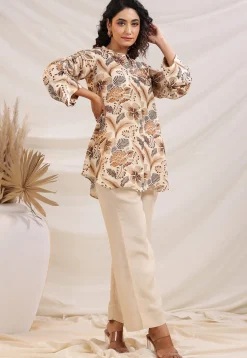 Digital Printed Linen Silk Top Set in Cream