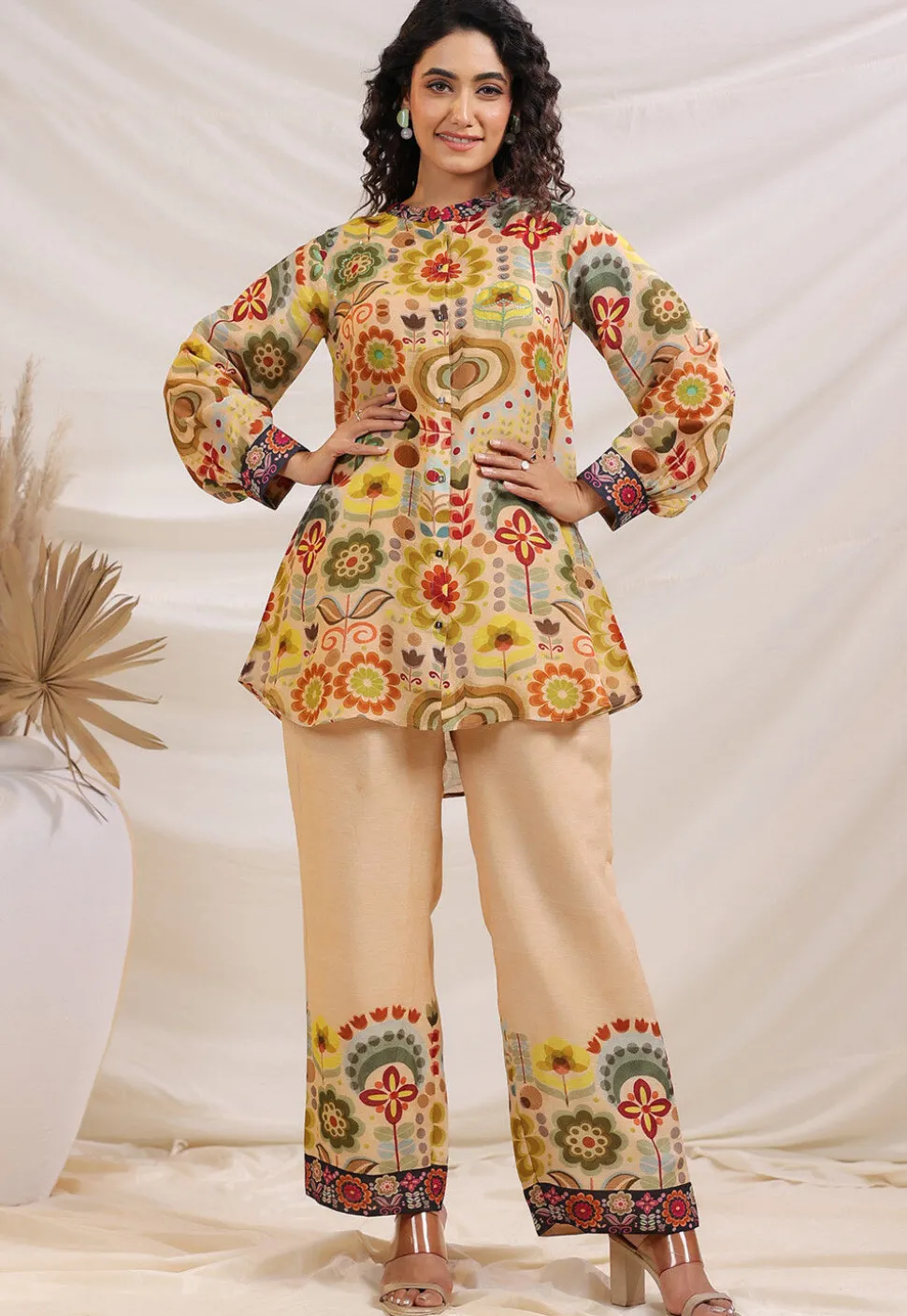 Digital Printed Linen Silk Top Set in Light Beige