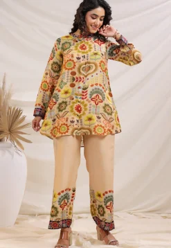 Digital Printed Linen Silk Top Set in Light Beige